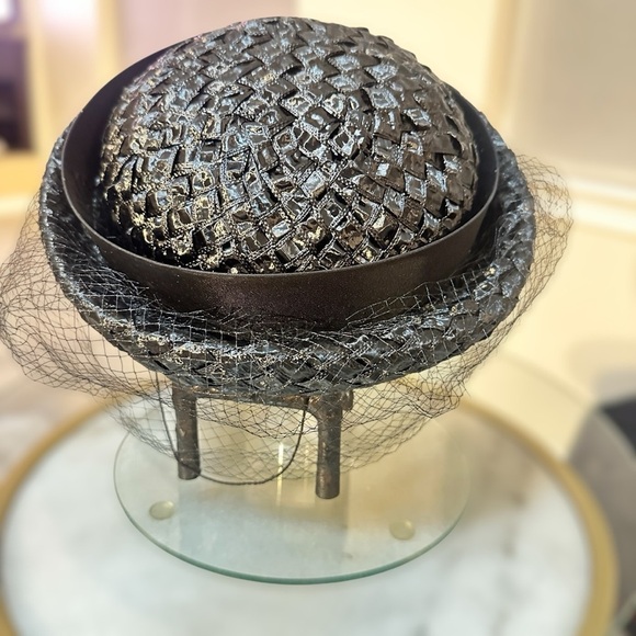 Gene Doris New York Hat – Vintage Black Fascinator straw Hat with net veil main image 6